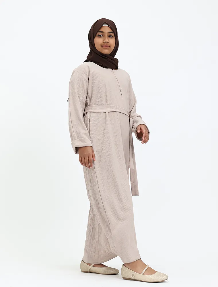 Beige Linen Feel Basic Girls Abaya